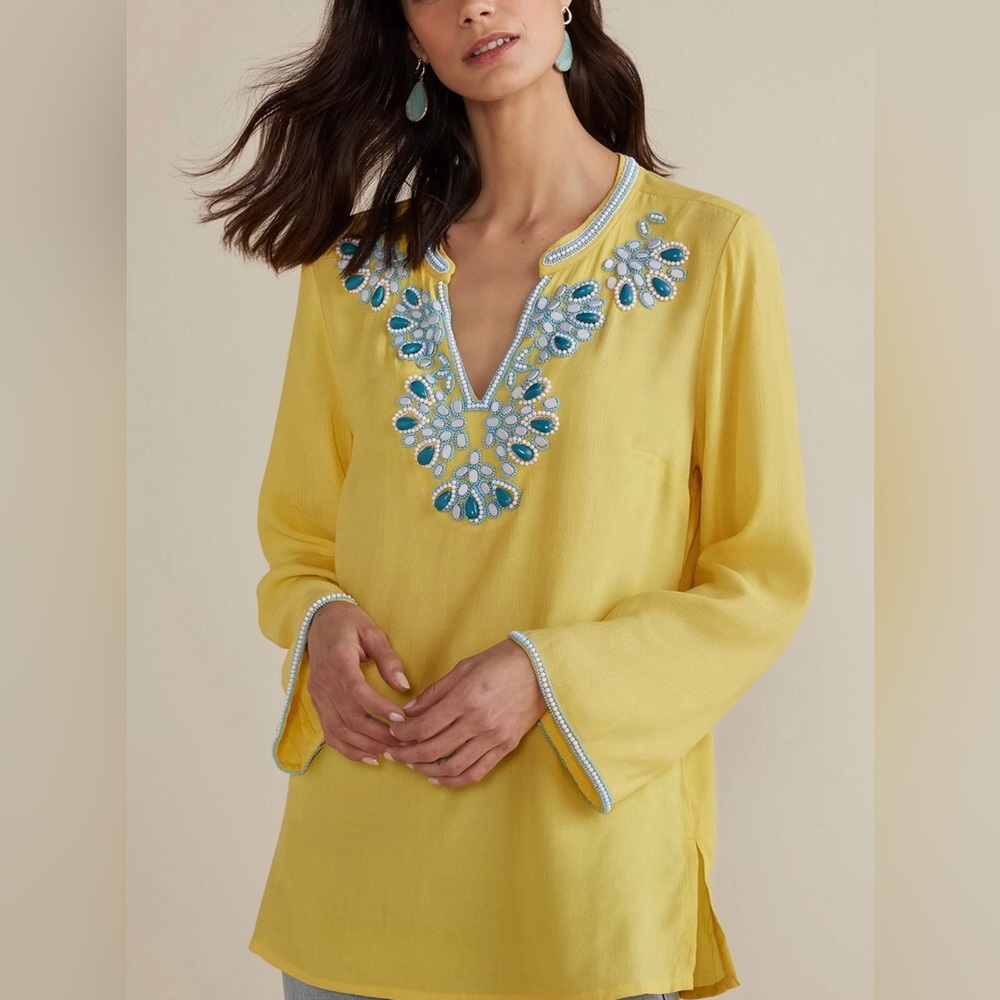 🌷Soft Surroundings Sunstruck Soraya Yellow Embellished Tunic NEW size XL